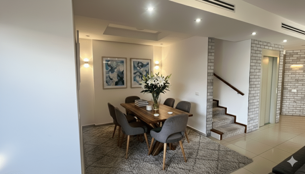 Elegant dining area with modern furniture and floral centerpiece in a luxury Netanya home.