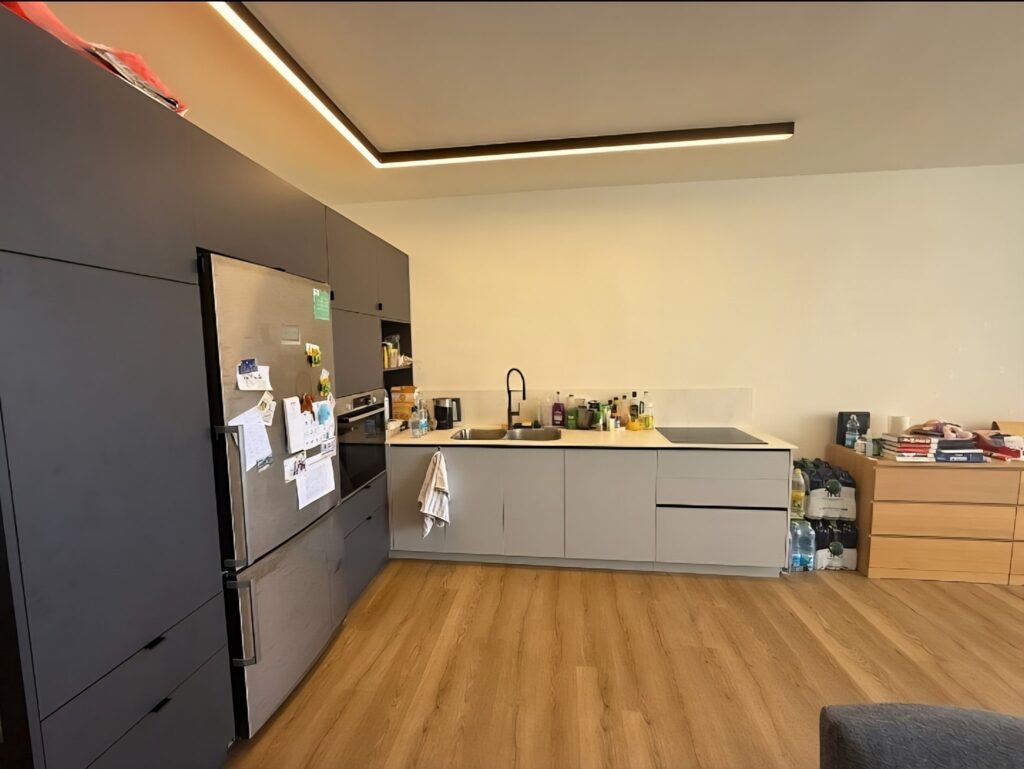 Contemporary kitchen with sleek cabinets and built-in appliances