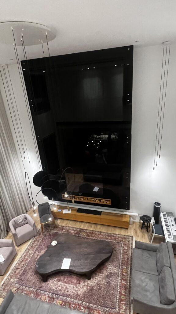 High angle view of luxury duplex living room with double height ceiling