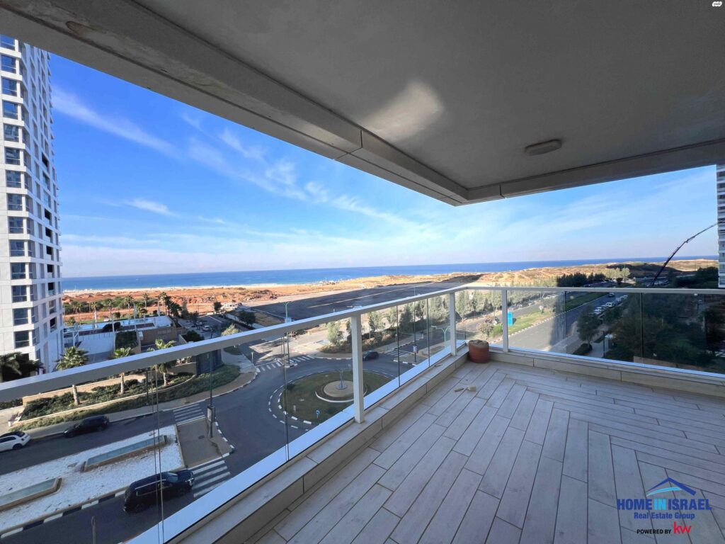 Luxury seafront apartment balcony in Netanya with open Mediterranean sea view and glass railing