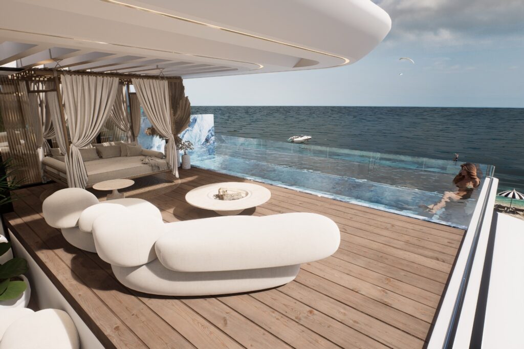 Modern luxury villa exterior featuring a designer architectural swimming pool with a transparent glass wall and outdoor terrace lounge at sunset