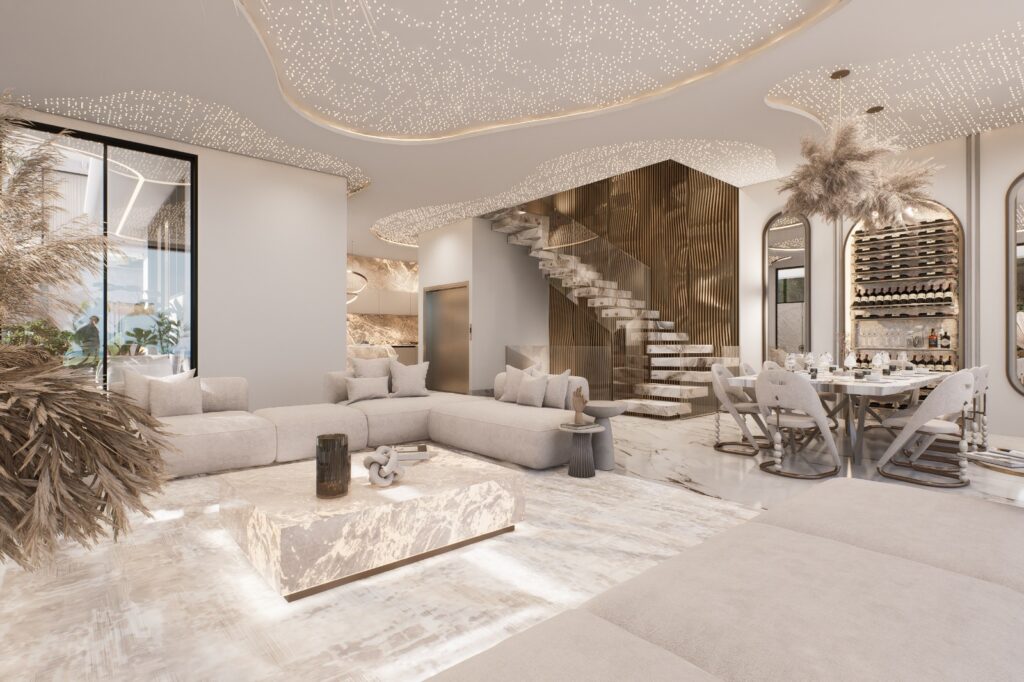 Spacious luxury living room with high ceilings, ultra-slim architectural slab floor tiles, and integrated ceiling audio speakers.