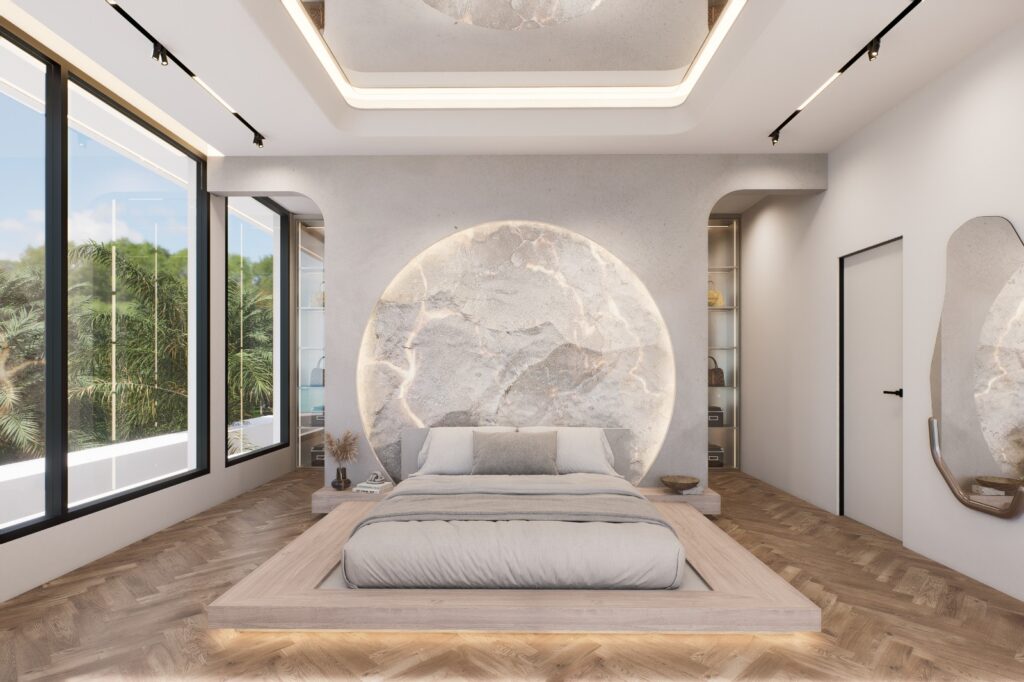 Elegant master bedroom suite featuring rich natural wood herringbone flooring and floor-to-ceiling windows