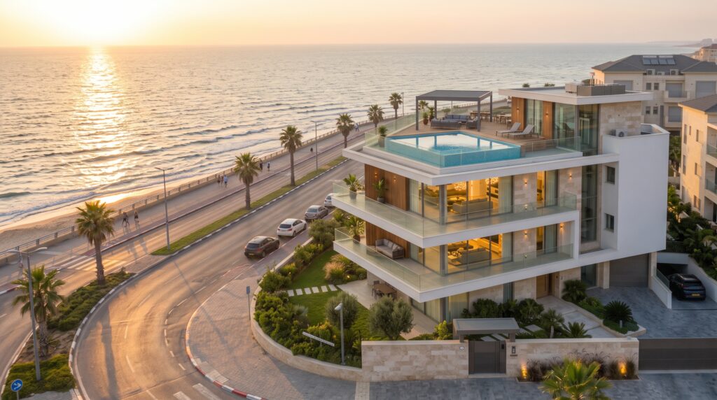 Front exterior view of the brand-new semi-detached luxury villa in Nat 600 Netanya